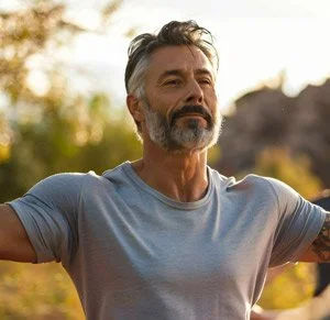 Ein Mann mit grauem Bart und grauen Haaren steht im Freien, die Arme ausgestreckt, bei Sonnenaufgang oder Sonnenuntergang.