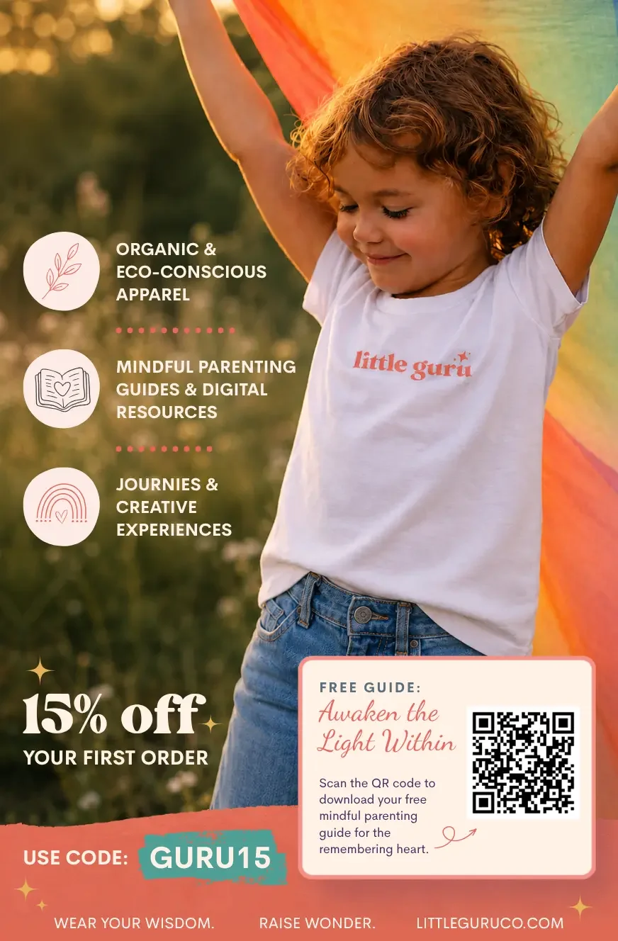 Little girl wearing Little Guru tee and QR code to Awaken the Light Within Free Conscious Parenting Guide by Little Guru & Co.