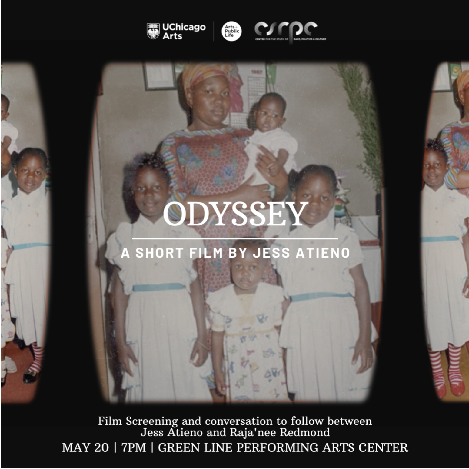 Poster for the short film 'Odyssey' by Jess Atieno, featuring a vintage family photo of a woman holding a child and surrounded by four children, with event details indicating a screening and discussion on May 20 at Green Line Performing Arts Center.