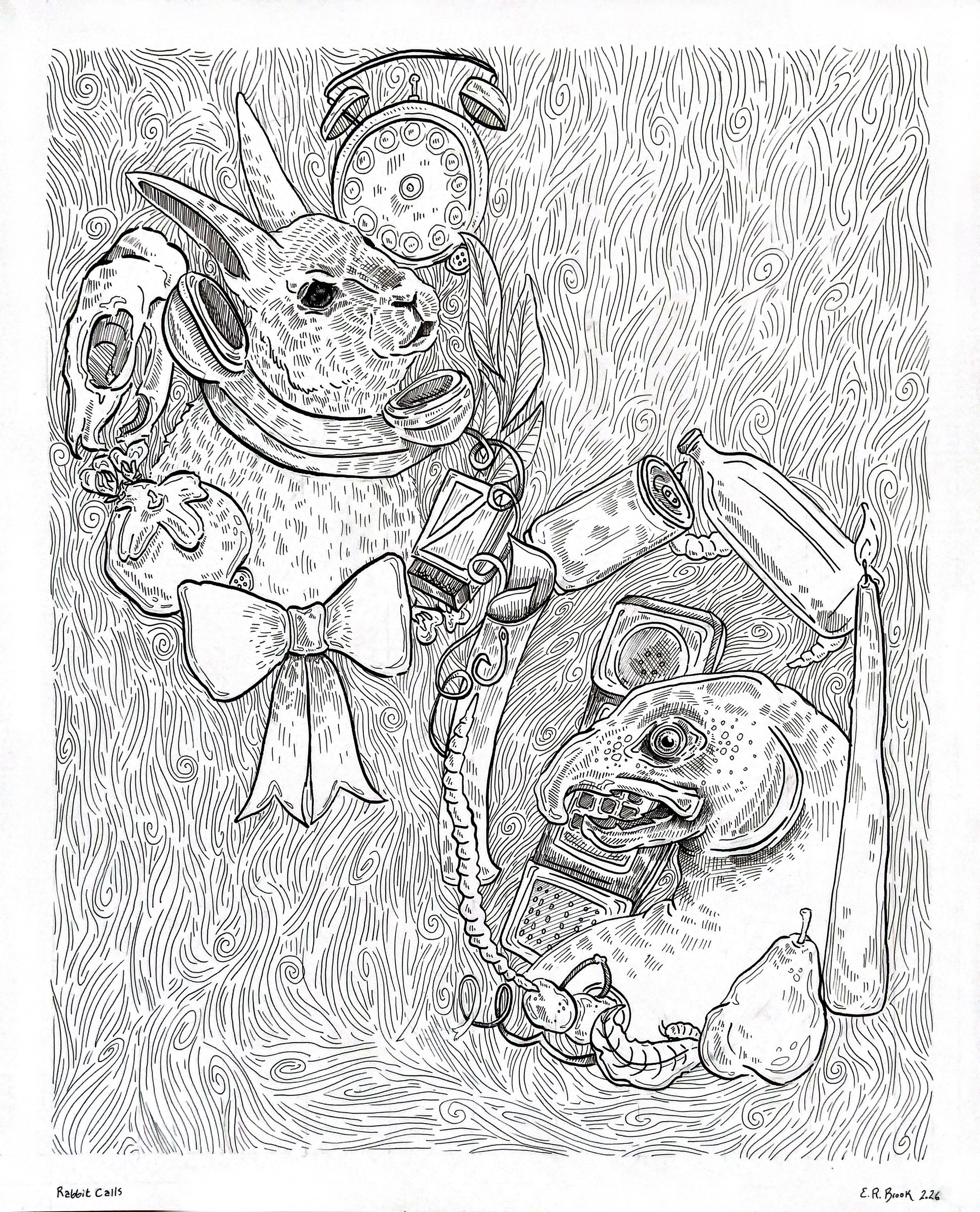 “Rabbit Calls” pen and ink, 2026, E. R. Brook