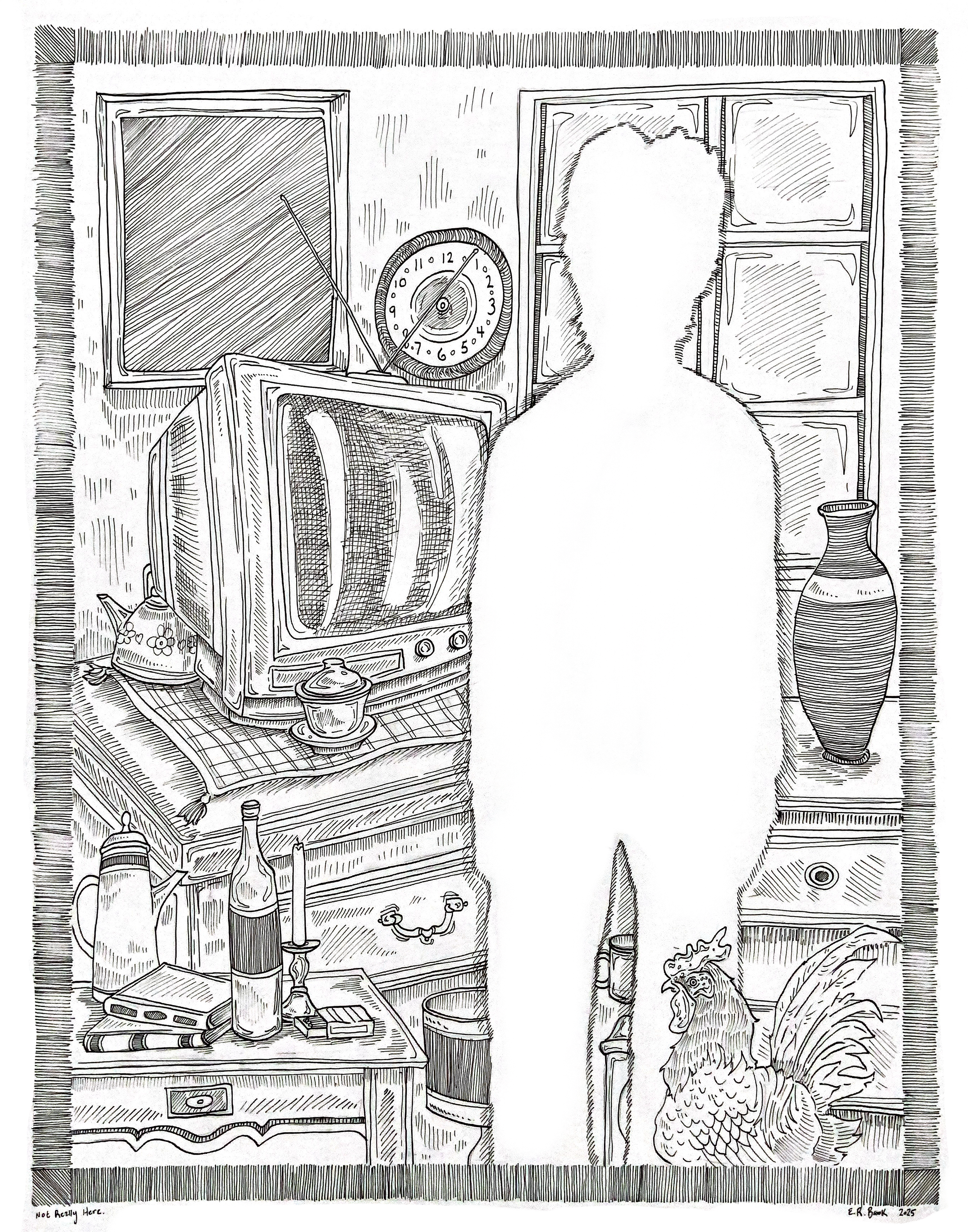 “Not Really Here”, 11x14’’, pen, E. R. Brook, 2025