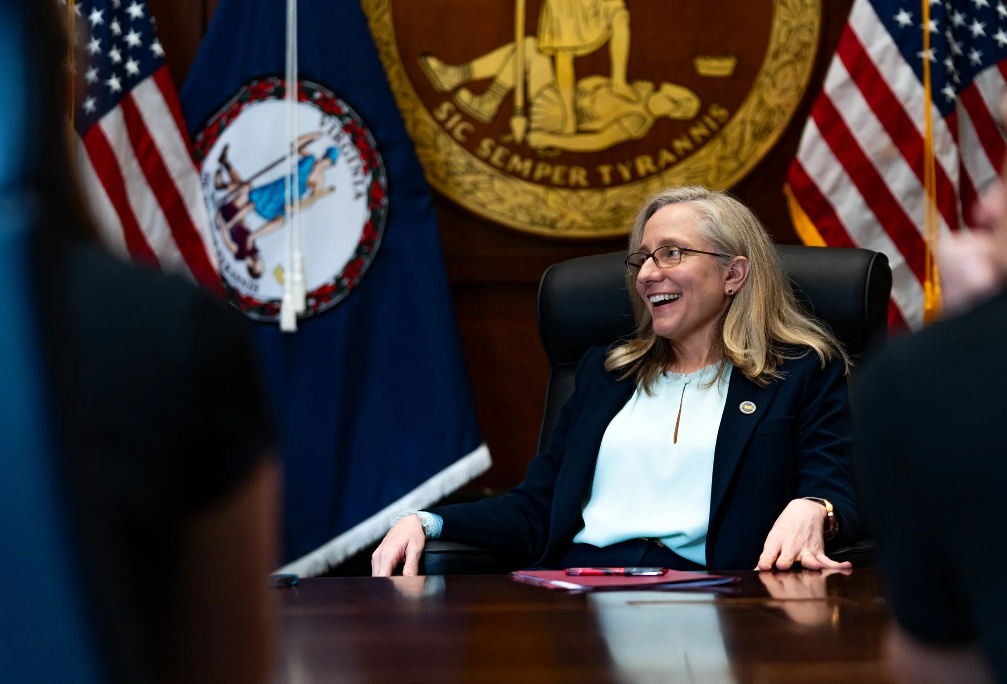 Gov. Abigail Spanberger answers reporters' questions during a roundtable discussion at the Patrick Henry Building on Thursday, July 16, 2026, in Richmond, Va.