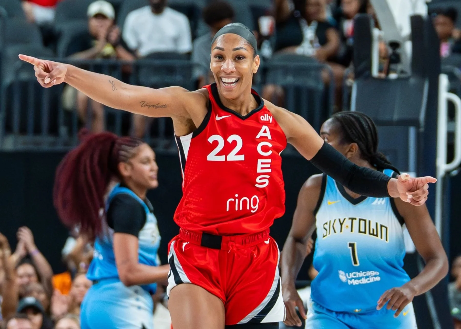 Aces’s Center A'ja Wilson (22) celebrates after a basket during a basketball game between the Aces and Chicago Sky at T-Mobile Arena in Las Vegas Sept. 7, 2025. The Aces beat the Sky 80-66.