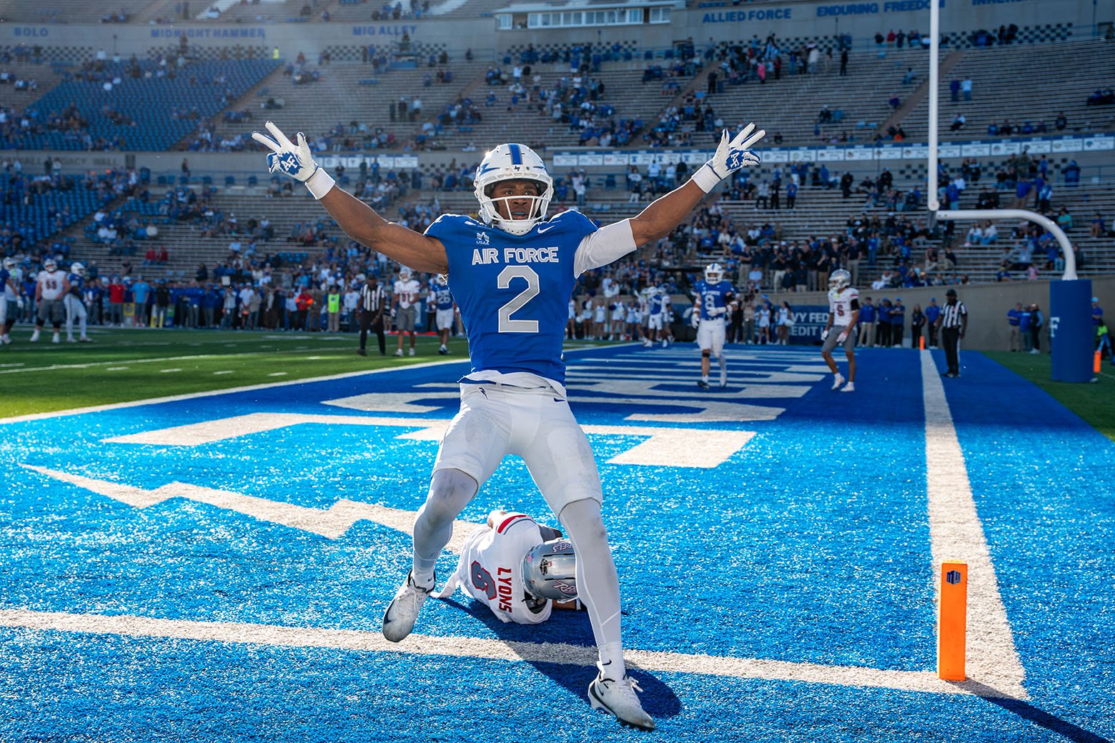 Air Force's Defenseman Beau Janzig (2) celebrates blocking a UNLV touch down during the fourth quarter at Falcon Stadium on Saturday, Oct. 17, 2026, in Colorado Springs, Colo,. 