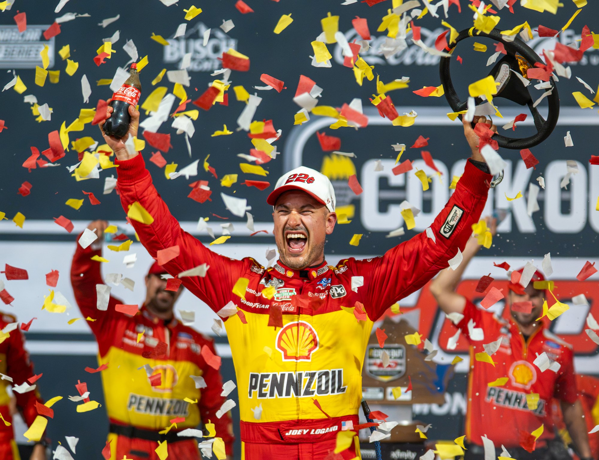 Team Penske driver Joey Logano (22) celebrates after winning the NASCAR Cup Series Cook Out 400 at Richmond Raceway, Saturday, Aug. 15, 2026, in Richmond, Va. 