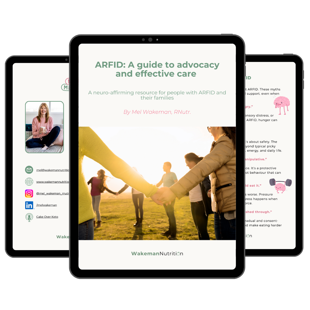 Cover page of a guide titled "ARFID: A guide to advocacy and effective care" by Mel Wakeman, RNutr, featuring a photo of people holding hands outdoors at sunset and an inset of a smiling woman holding a cup.