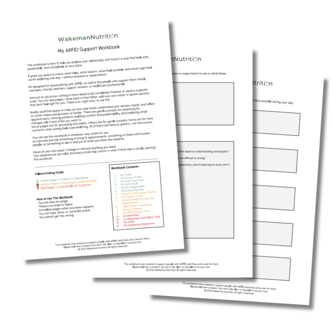 Two overlapping pages of a workbook titled 'Wakeman Nutrition My ARFID Support Workbook.' The workbook contains sections for personal profile, sensory profile, food diary, and safety tools, with a color-coding guide for various pages.