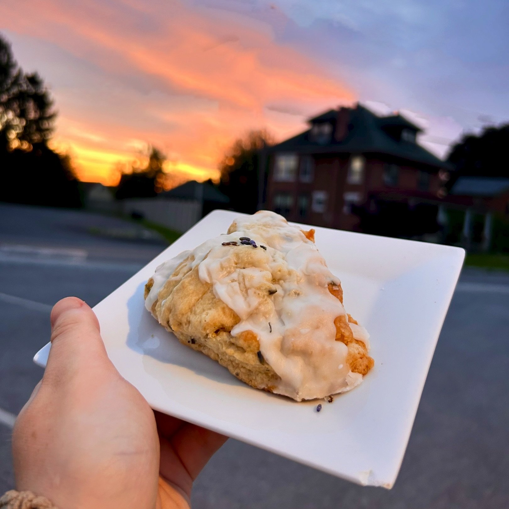 Our Lavender Vanilla Scone greeted the sunrise today. Have you tried one of these flavors bites  @strasburgbakery yet?

#bakedgoodies #scones #joeonthegocoffeeco #servingyourcommunitybyservingyou #siplocal #kindnessisfree