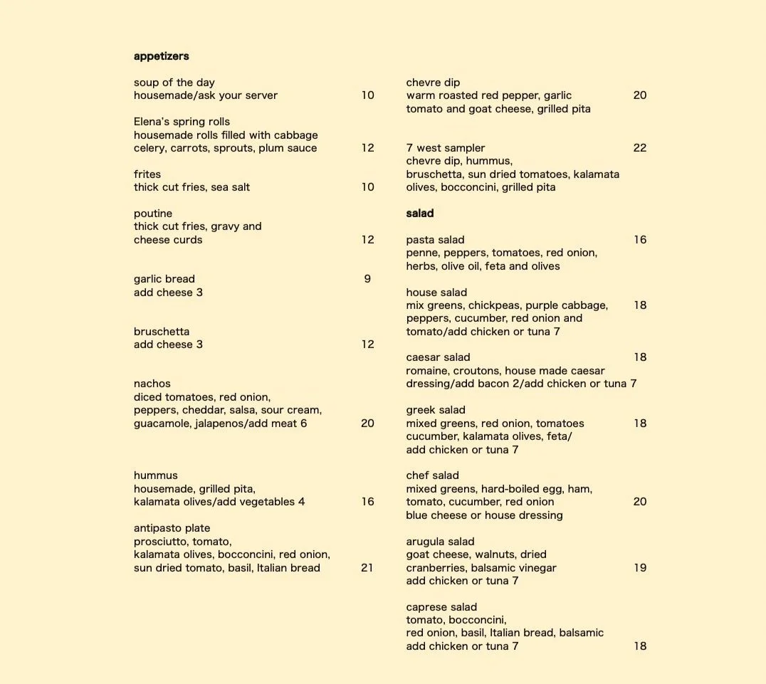 MENU — 7 WEST CAFE