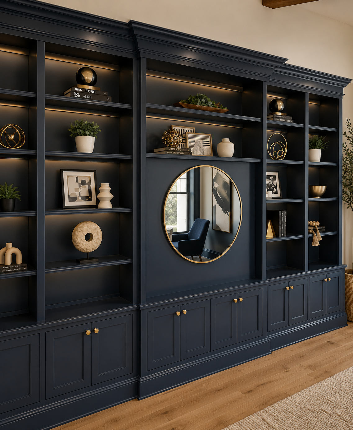 A dark blue built-in bookshelf with decorative items, books, and artwork, featuring a round mirror in the center reflecting a window and a chair.
