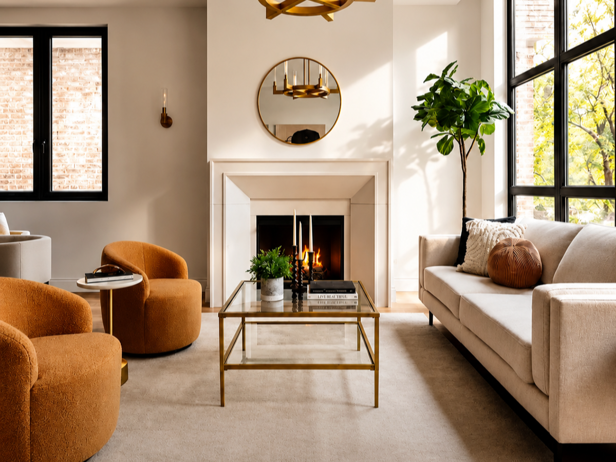 Modern living room with white sofa, two orange armchairs, a glass coffee table, a fireplace, a round mirror, a large window, and indoor plants.
