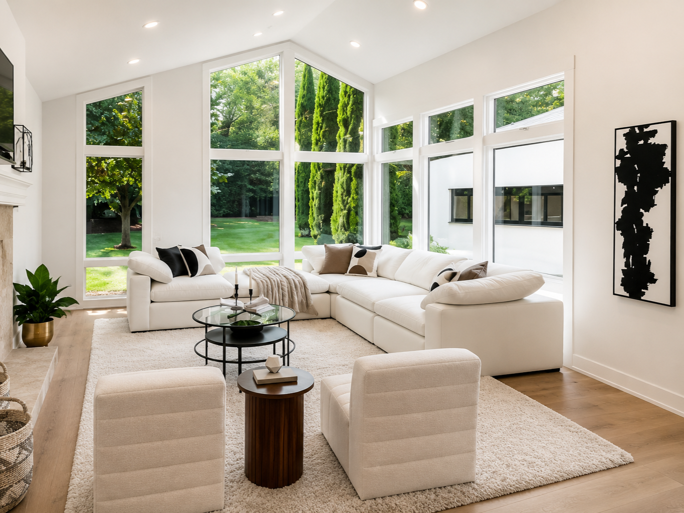 Bright living room with large windows overlooking a green yard, featuring white sectional sofa, beige armchairs, and decorative pillows.
