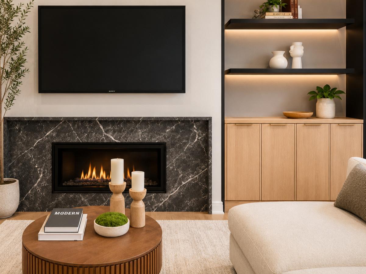 Modern living room with a black marble fireplace, candles on a wooden coffee table, a wall-mounted flat-screen TV, and a light wood cabinet with decorative vases, books, and plants.