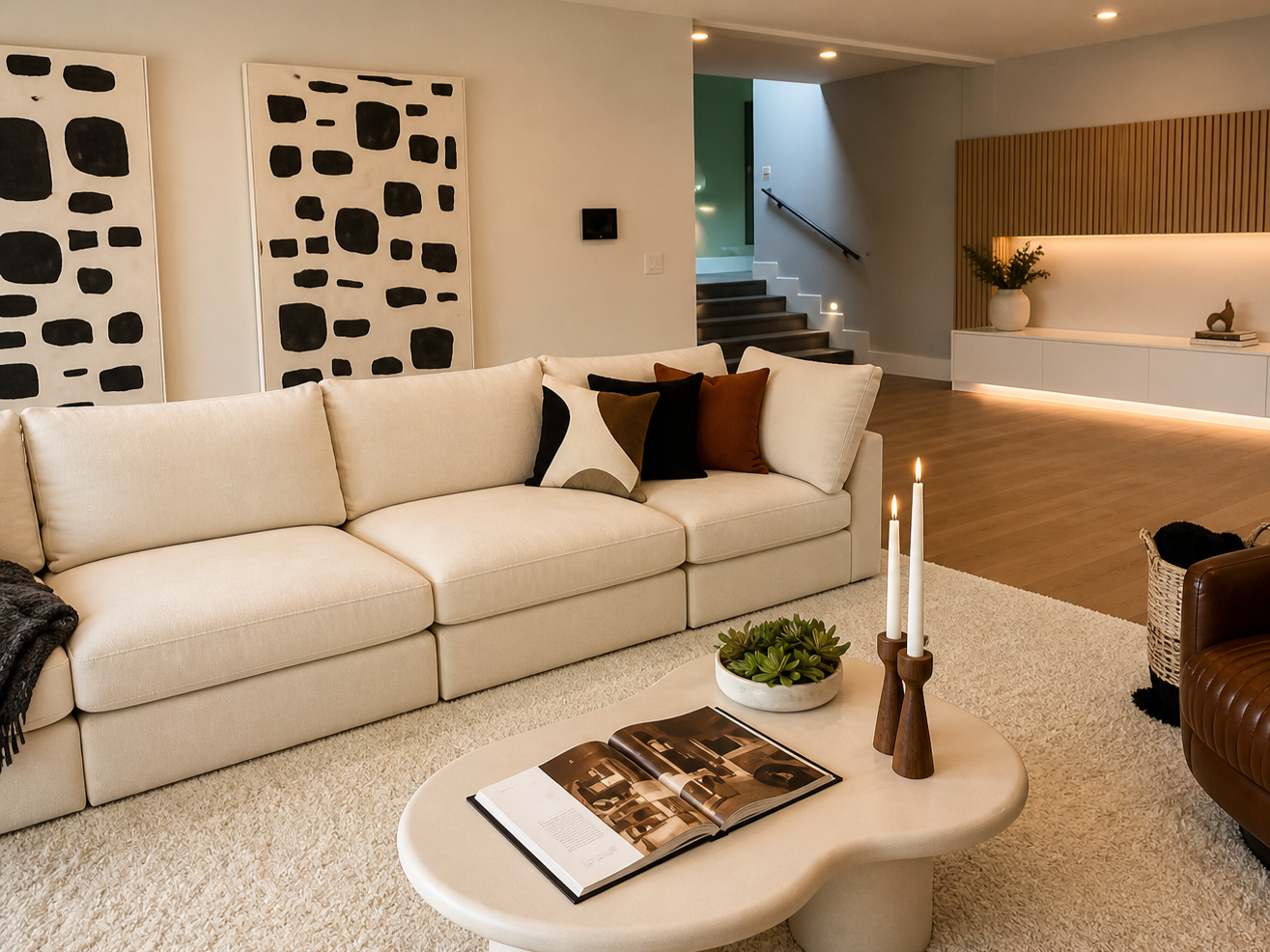 A modern living room featuring a beige sofa with black, white, and brown throw pillows, a light-colored coffee table with an open magazine and three tall white candles in wooden holders, a cream-colored textured rug, and abstract wall art. In the bac