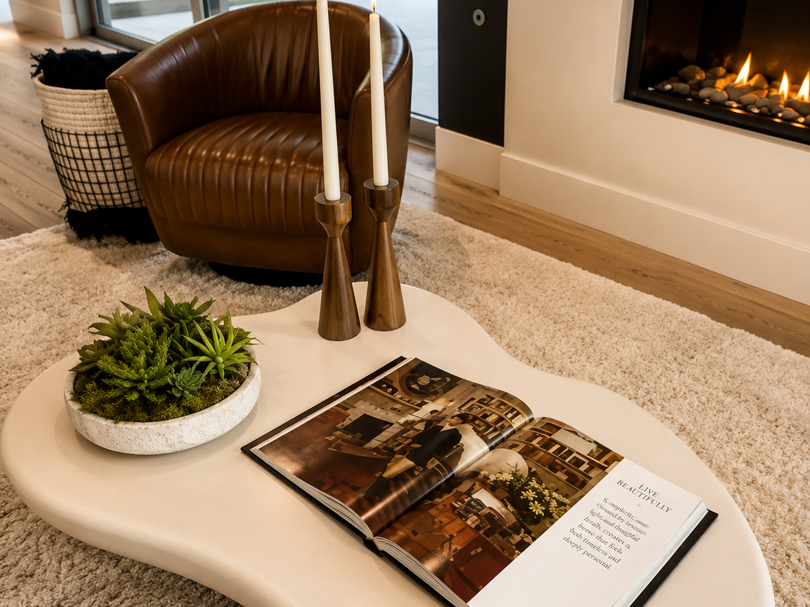 Living room with a white coffee table holding a magazine, a potted plant, and two wooden candle holders with white candles, a brown leather armchair, and a fireplace with fire.