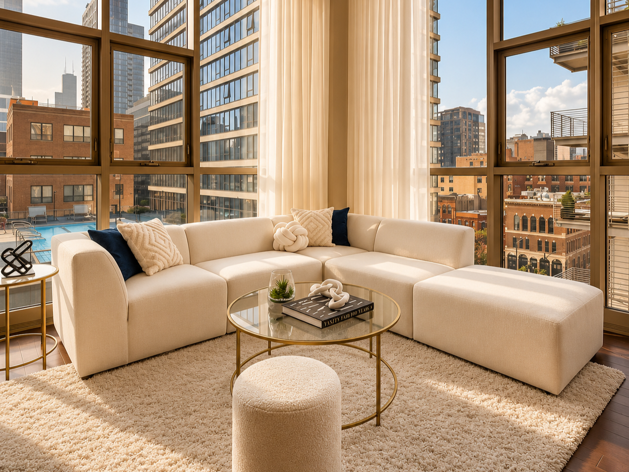 Modern living room with large windows showing city buildings, a white sectional sofa with decorative pillows, a round glass coffee table with books and decor, a beige rug, and sheer curtains.