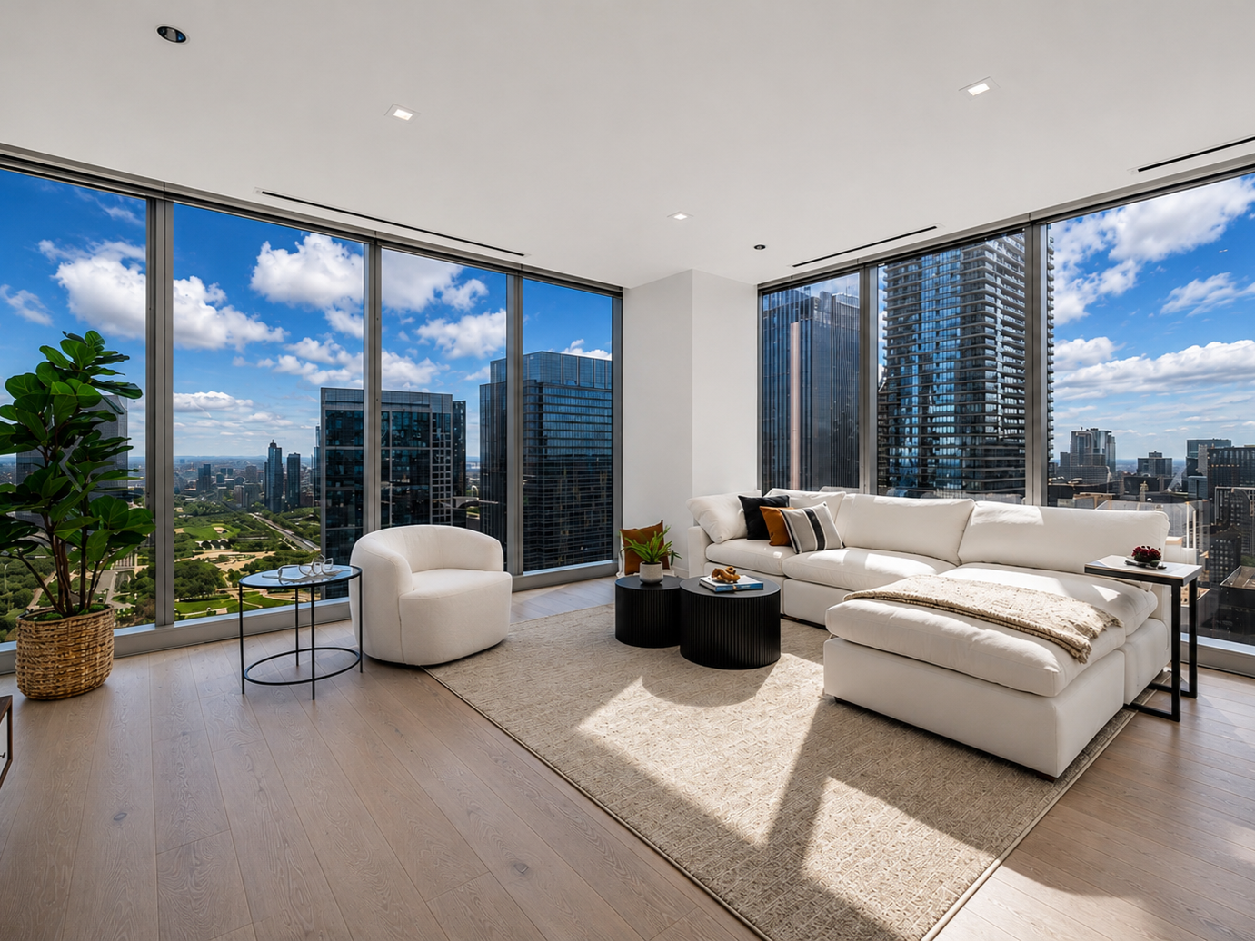 Living room with large floor-to-ceiling windows, white sectional sofa, small side tables, a potted plant, and city views with skyscrapers and blue sky.