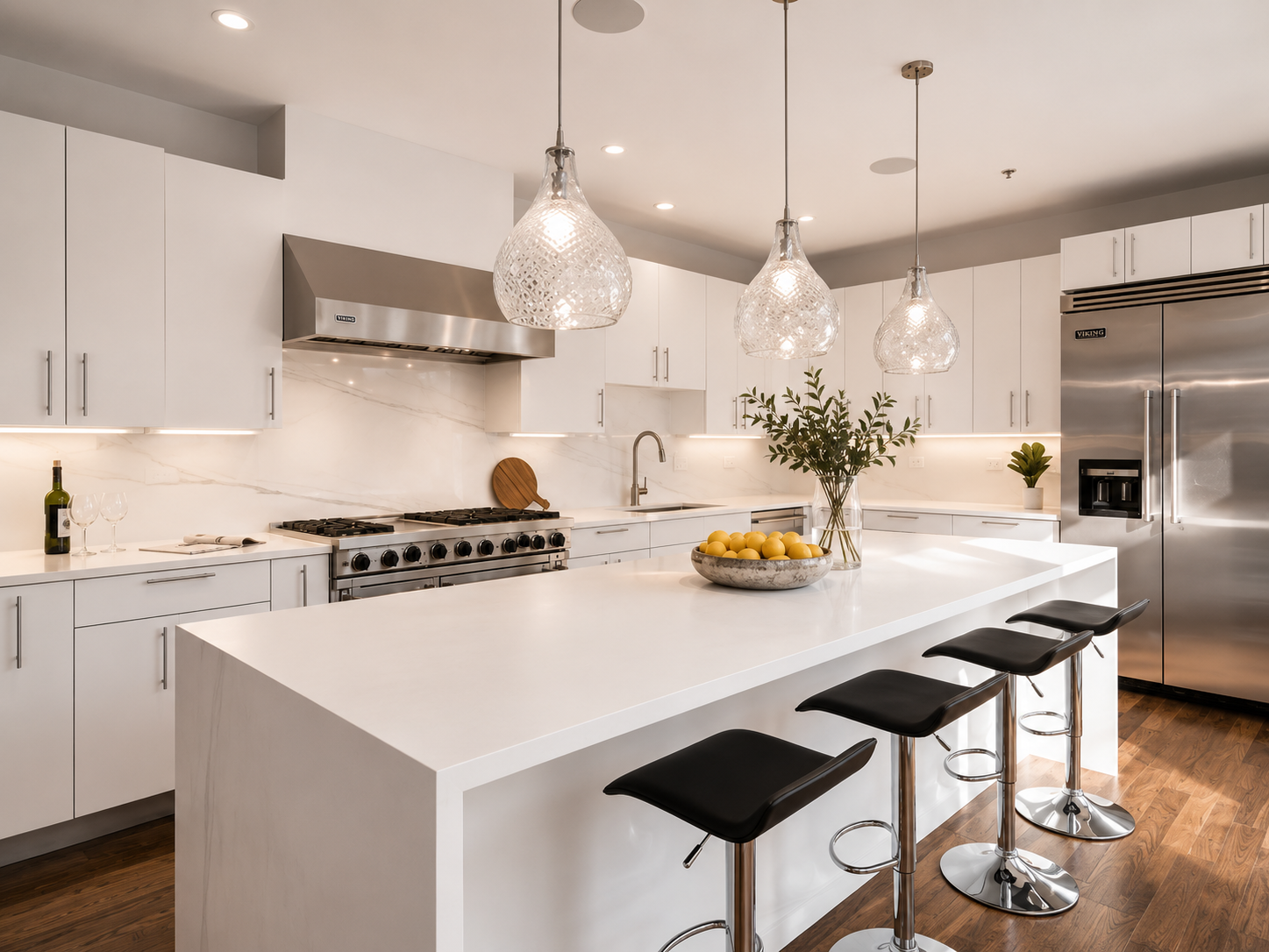 A modern kitchen with white cabinets, a large white island, three black and chrome bar stools, a stainless steel refrigerator, countertop decorations, and pendant lights.