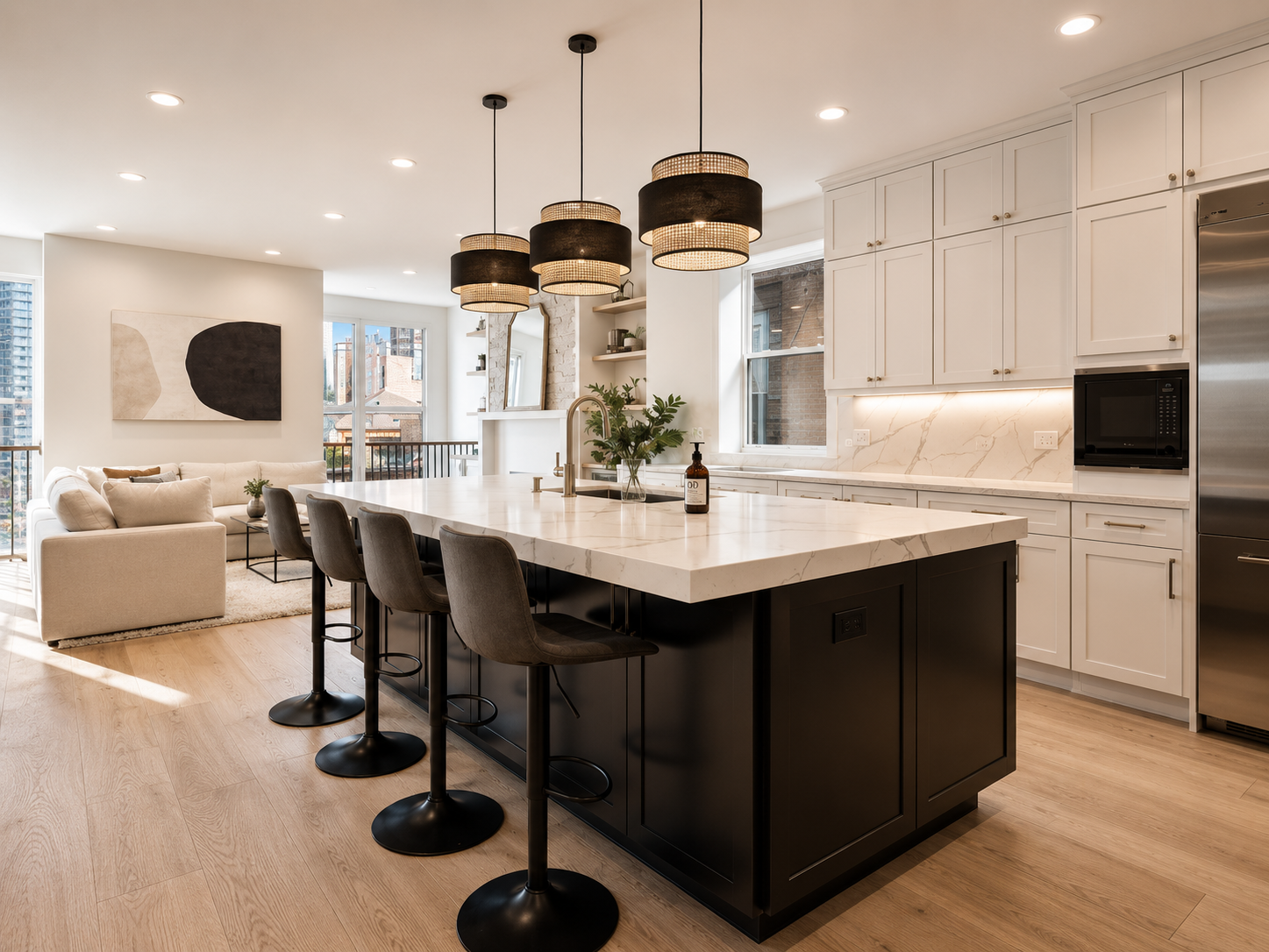 Modern kitchen with black island, white cabinetry, marble countertops, and four black barstools; open living space with beige sofa, artwork, and windows