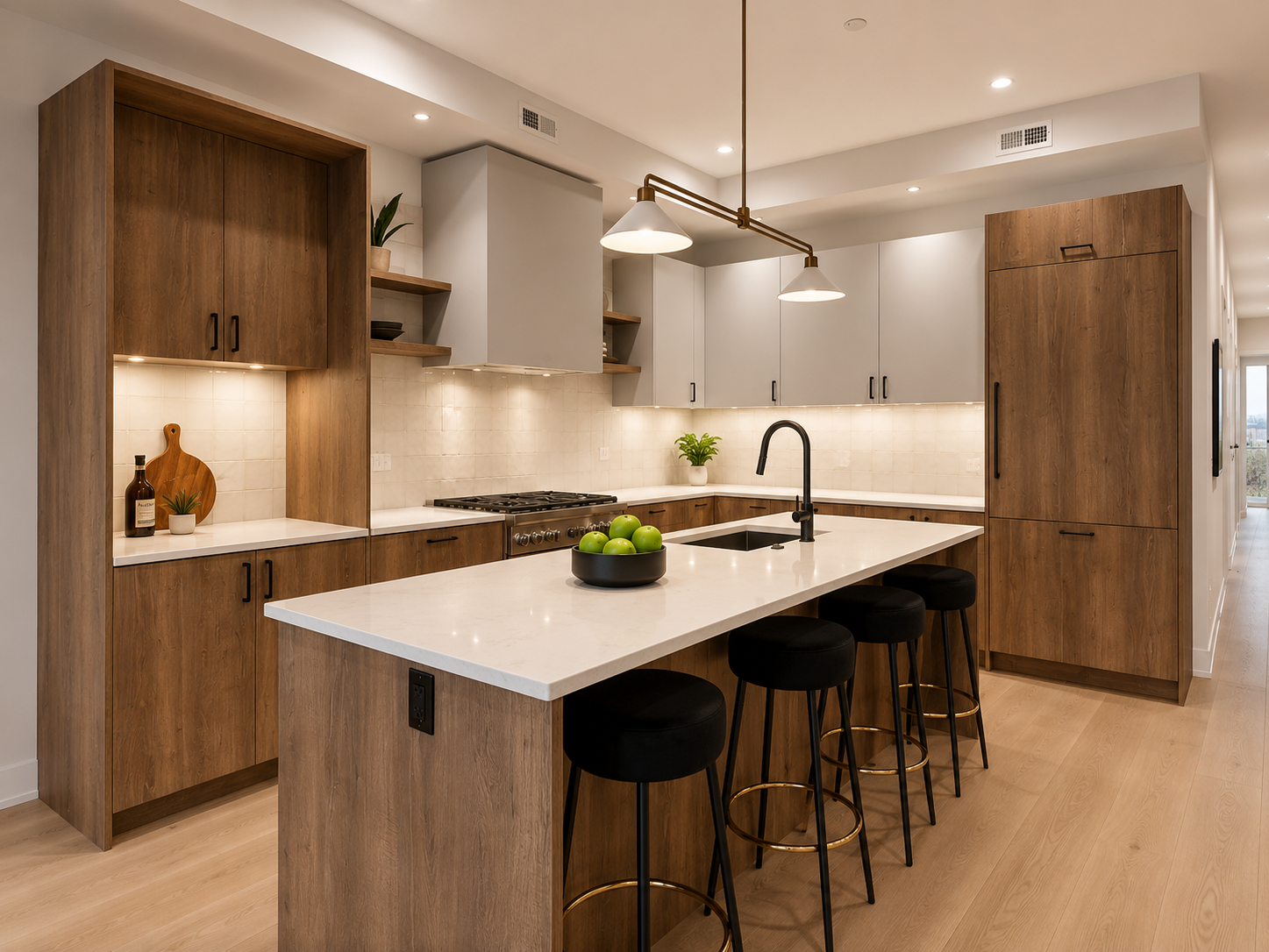 Modern kitchen with white countertops, wooden cabinets, black bar stools, and a large island with green apples in a black bowl.