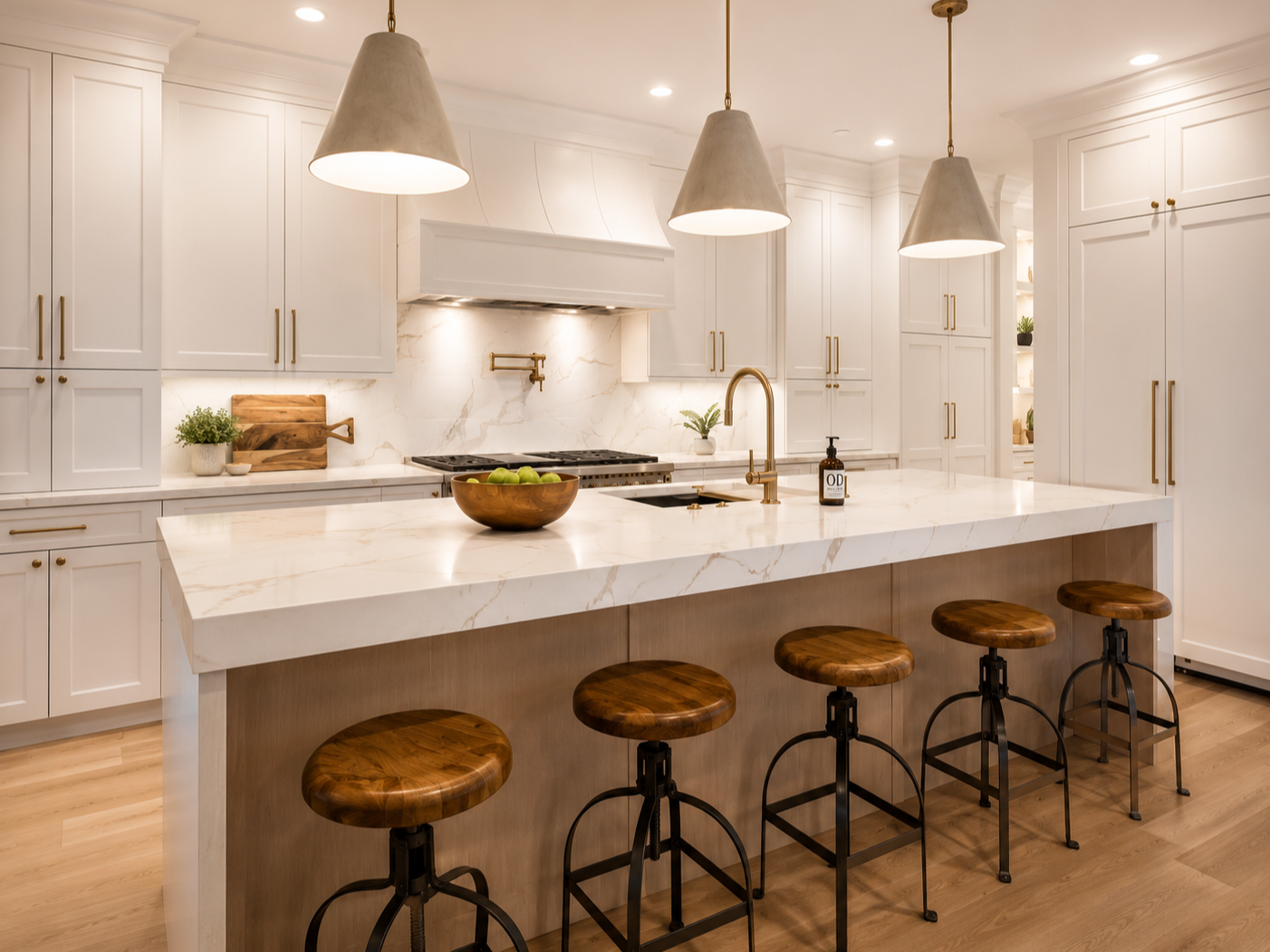 Modern kitchen with white cabinets, marble countertop island, pendant lighting, and bar stools with wooden seats and metal bases.