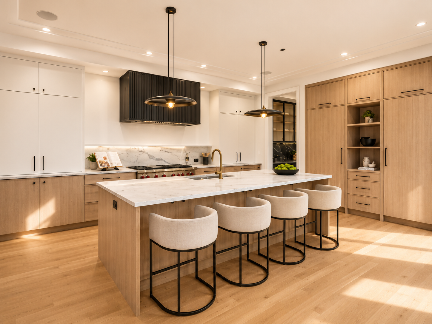 Modern kitchen with light wood cabinets, white marble island, black pendant lights, and wooden accents.