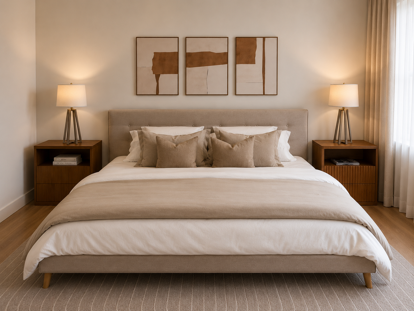 A neatly made bed with beige and white bedding, six pillows, two wooden nightstands with lamps, beige curtains, and abstract framed artwork above the headboard in a minimalistic bedroom.