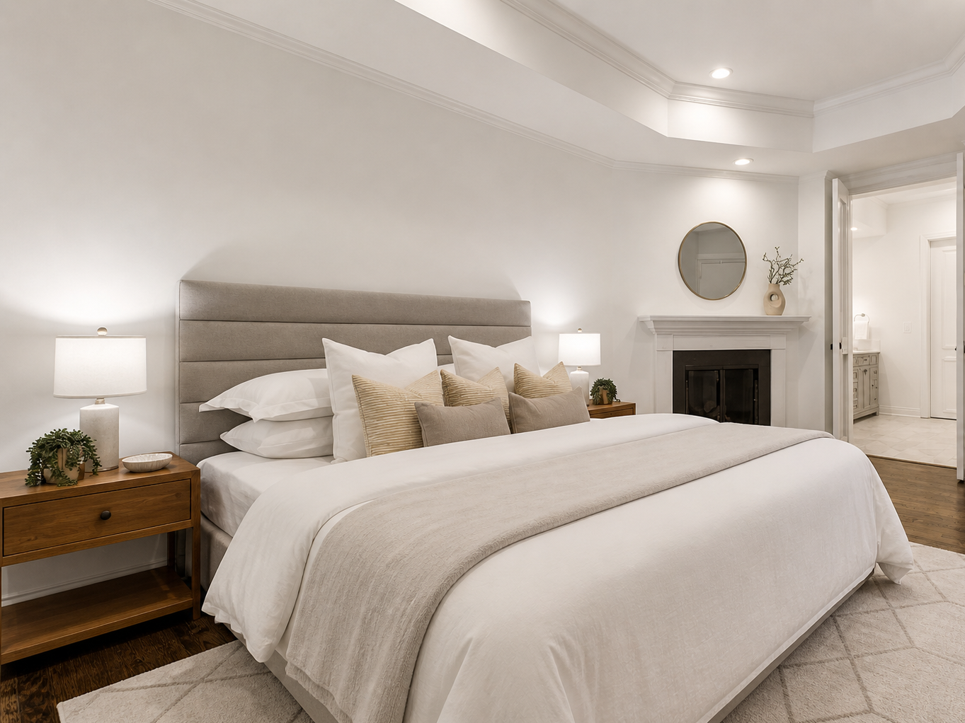 A neatly made bed with white linens, beige and gold pillows, in a modern bedroom with two bedside lamps, a wooden nightstand, a fireplace, and a mirror on the wall.