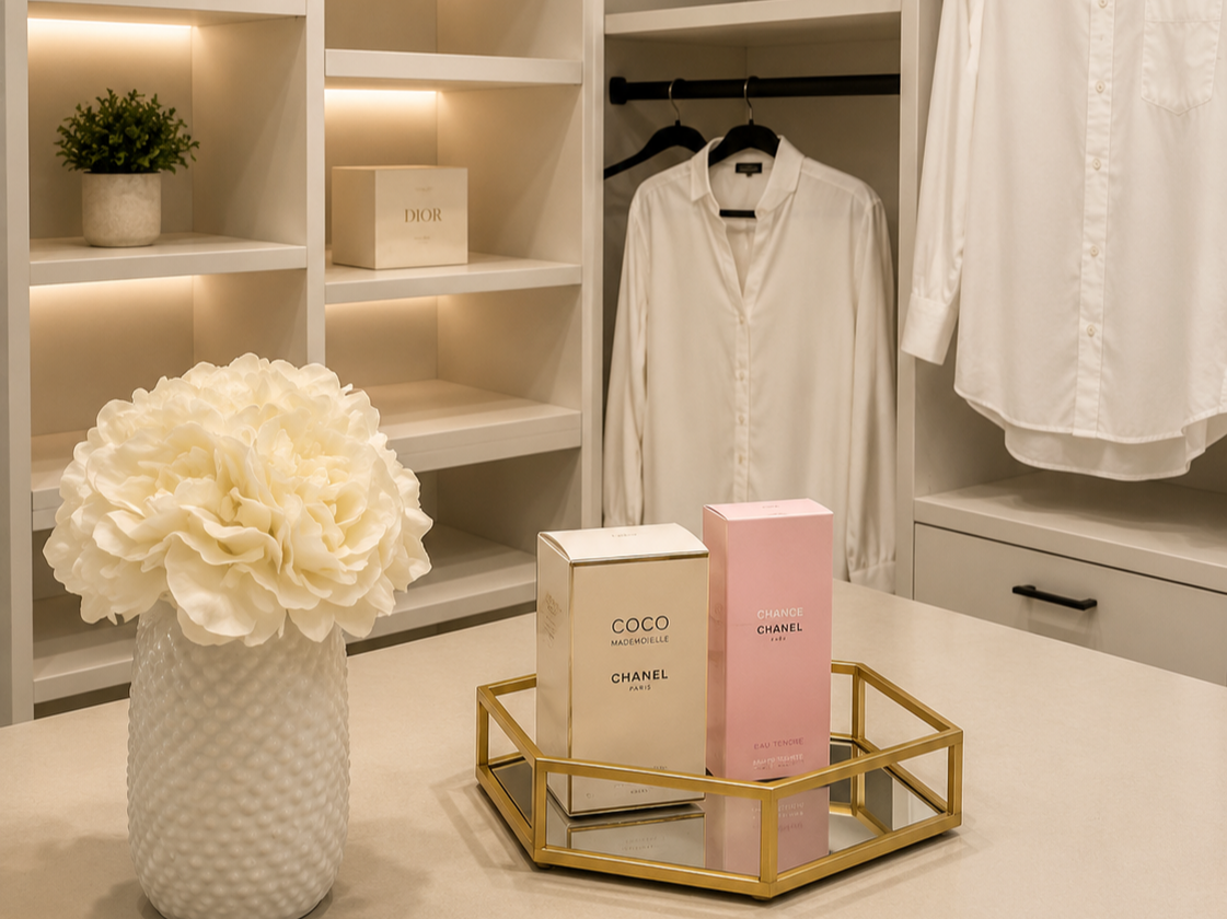 White designer clothing hanging in a closet with a white floral vase and perfume boxes on a tray on the counter.