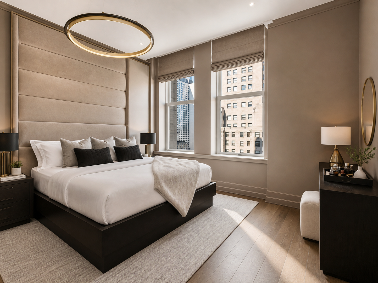Modern bedroom with large windows, beige and black color scheme, and stylish lighting fixtures.