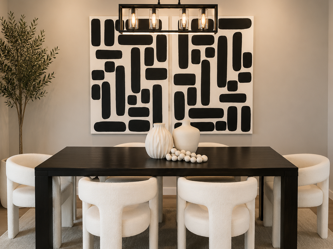 Modern dining room with a black rectangular table, six white upholstered chairs, a large abstract black and white artwork on the wall, three decorative white vases and a string of white beads on the table, a light fixture with five hanging bulbs abov