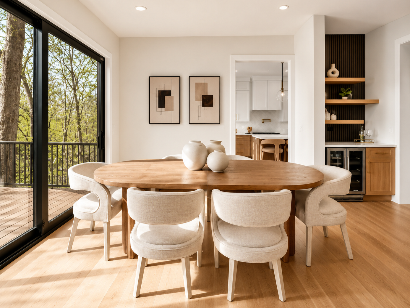 Modern dining room with a wooden table, six cream-colored chairs, and decorative vases. Sliding glass door opens to a balcony with trees outside. A kitchen is visible in the background, with wooden shelves and a wine fridge.