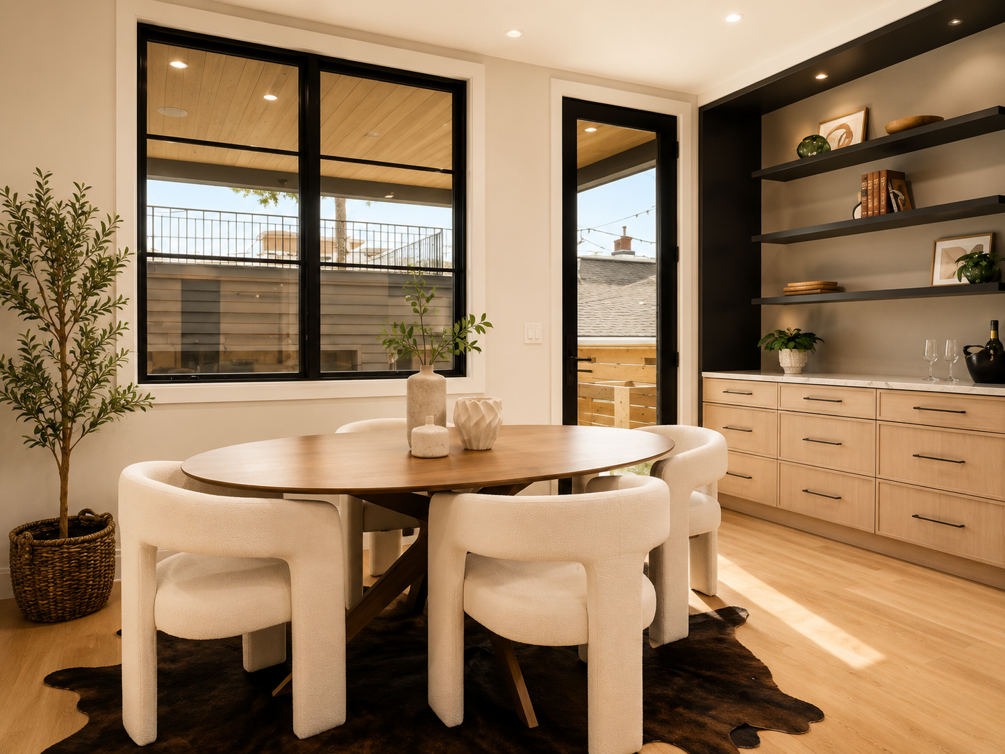 A dining room with a wooden oval table surrounded by six white upholstered chairs, a black-framed window and door leading to a small balcony, potted plants, built-in light-colored wooden cabinets with black handles, floating black shelves with decora