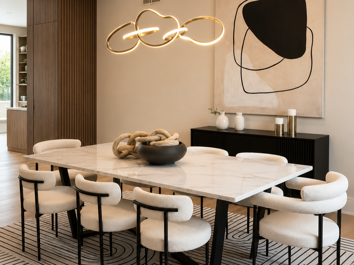Modern dining room with a marble table, eight cream upholstered chairs, a black sideboard with white vases, geometric wall art, and a gold contemporary chandelier.