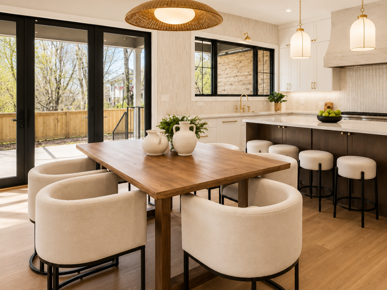 Modern kitchen and dining area with a wooden dining table surrounded by beige chairs, a kitchen counter with bar stools, and sliding glass doors leading to an outdoor patio.
