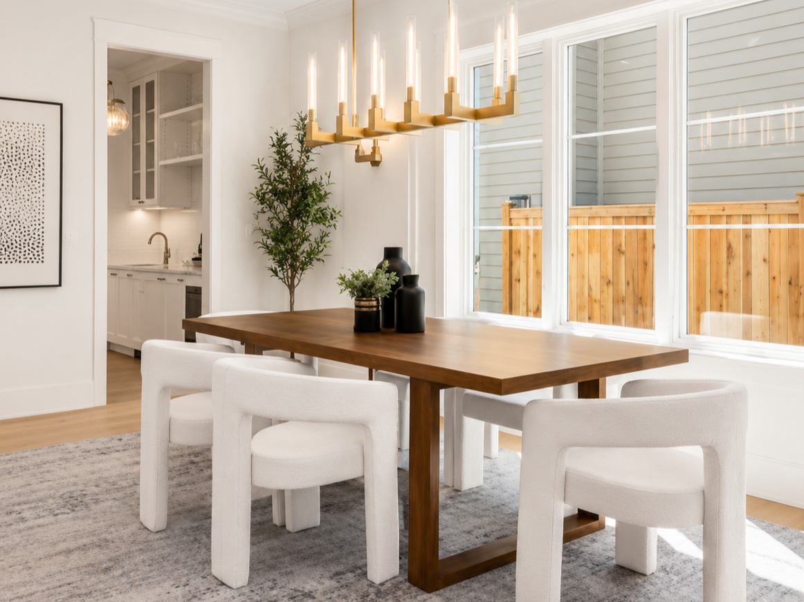 Modern dining room with a wooden table, white upholstered chairs, a large window, and a gold chandelier with candle lights, next to a kitchen with white cabinetry and a small potted plant on the table.