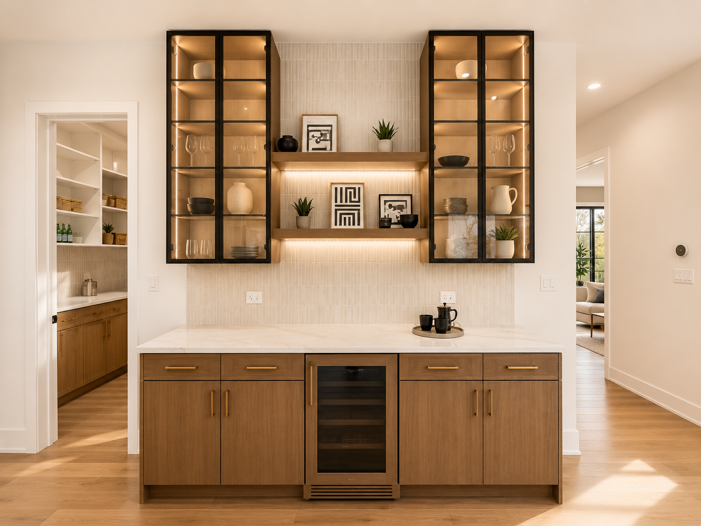 Kitchen with wooden cabinets, marble countertop, open shelves with decor and glassware, and glass-front cabinets with lighting, featuring decorative items and plants