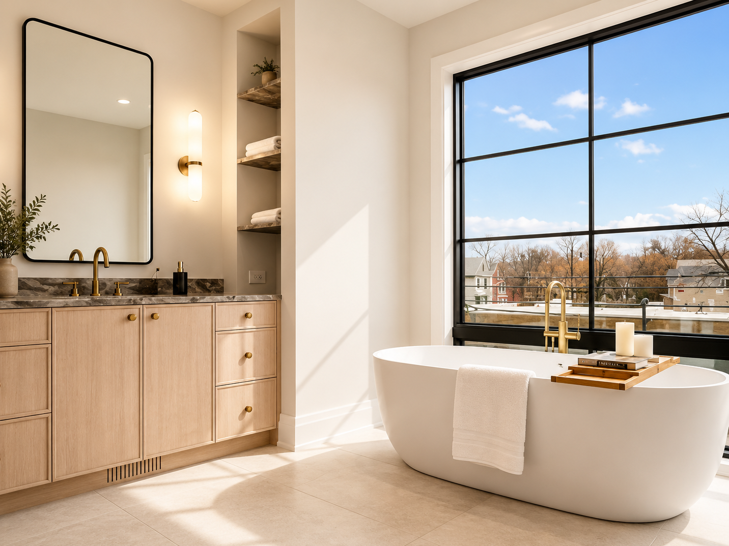 Modern bathroom with a freestanding bathtub near large window, wooden vanity with gold fixtures, and open shelving with towels, decorated with candles and plants.