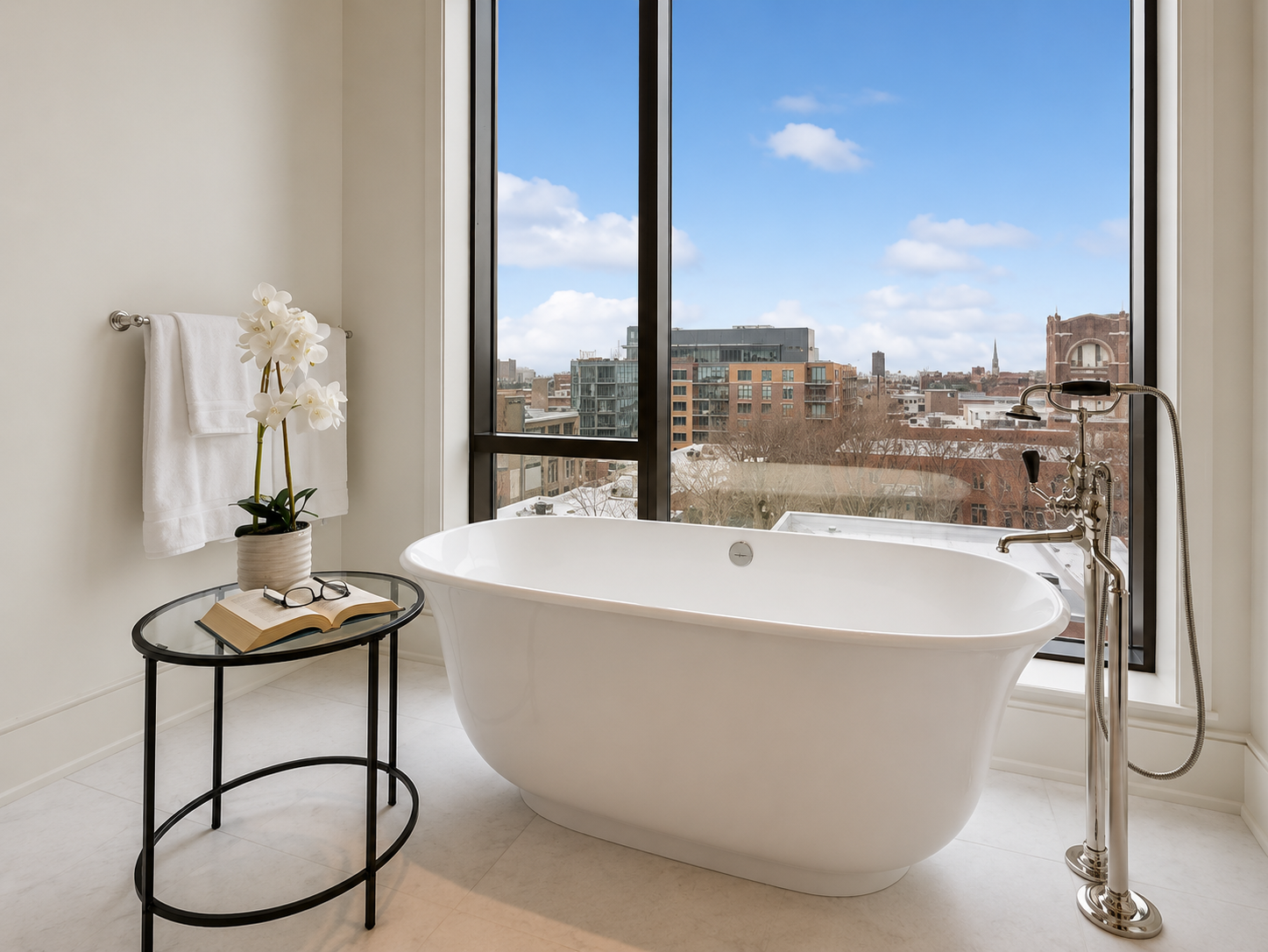 Modern bathroom with a white bathtub near large window showing city buildings and blue sky, a small side table with an open book and glasses, and a potted orchid on the wall-mounted towel rack.