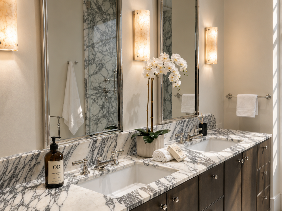 A bathroom vanity with white marble countertop and double sinks, adorned with a potted orchid, hand soap, and rolled towels, with large wall mirrors, wall-mounted lights, and white towels on towel bars.