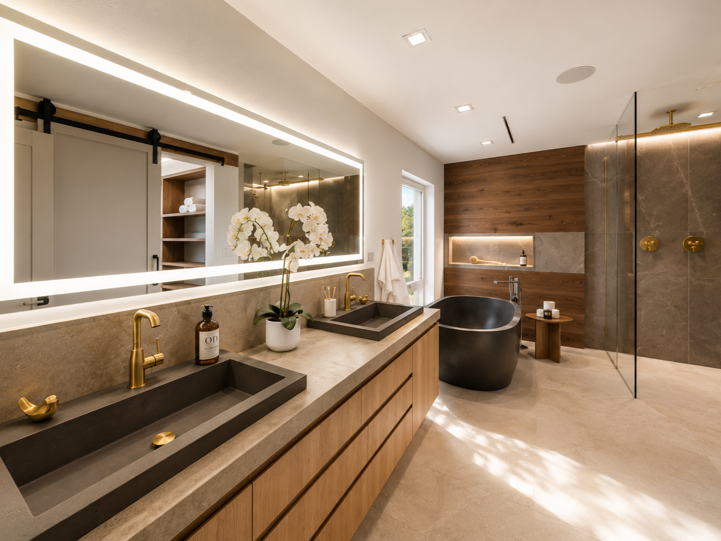 Modern bathroom with double sinks, gold fixtures, and a black freestanding bathtub. Features a large mirror with LED lighting, wood cabinets, a window, and a walk-in shower with gold fixtures and gray marble walls.