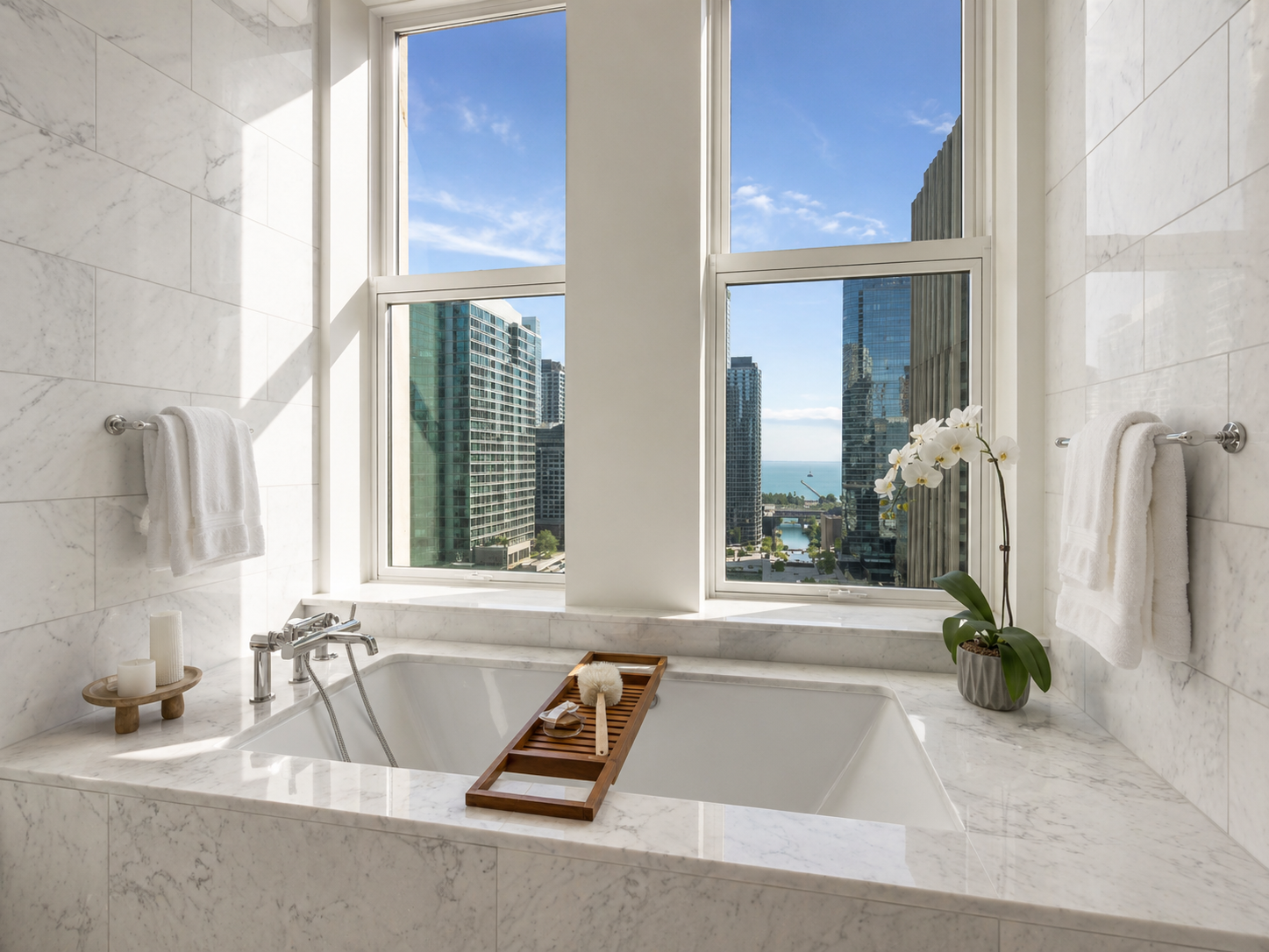 Luxury bathroom with marble walls and bathtub, large windows showing city skyscrapers and a view of water, decorated with towels, candles, and an orchid plant.