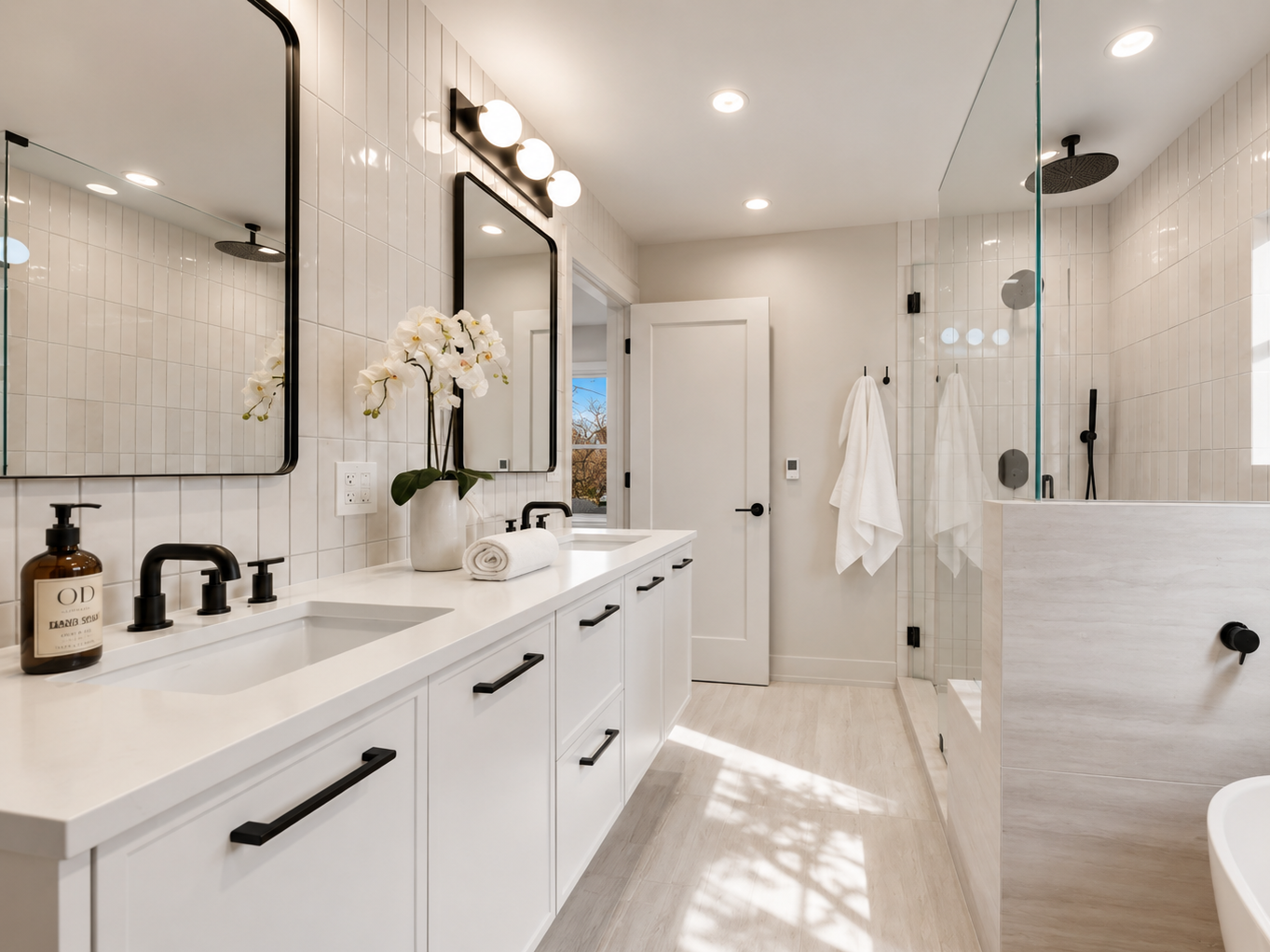 Modern bathroom with white cabinetry, two black-framed mirrors, and a white countertop with two sinks. Decor includes a vase with white orchids, rolled white towels, and black fixtures. Transparent shower enclosure with rainfall showerhead and hand-h