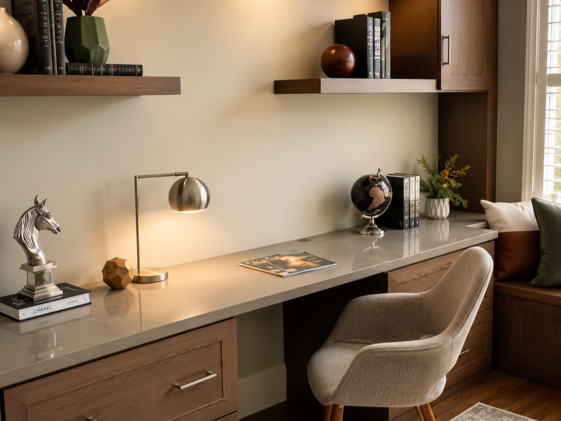 Home office desk with decorative items, globe, books, potted plant, and a beige chair in front of a window.