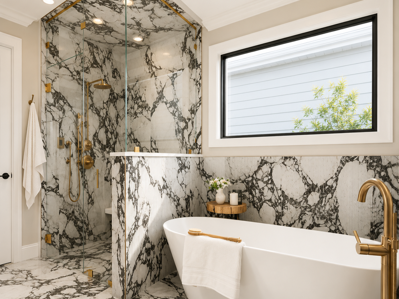 Bathroom featuring black and white marble walls and floors, a white free-standing bathtub with a towel, a window with a view of greenery, and a shower area with glass enclosure and gold fixtures.