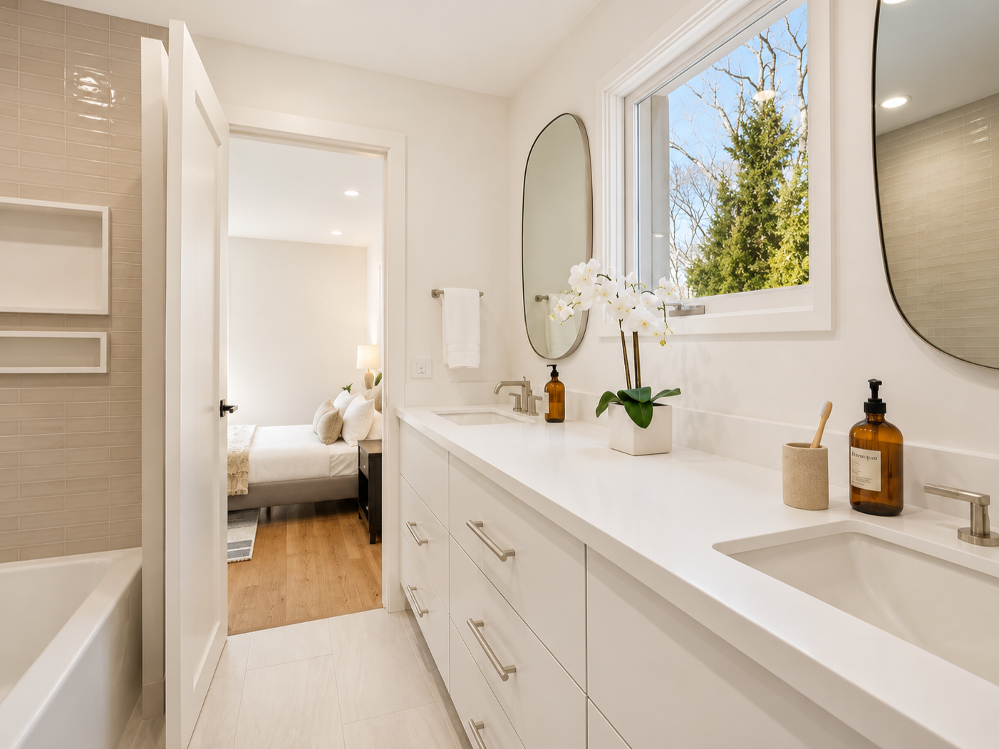 Modern bathroom with white vanity, oval mirrors, window with view of trees, and glimpse of bedroom with bed and nightstand.