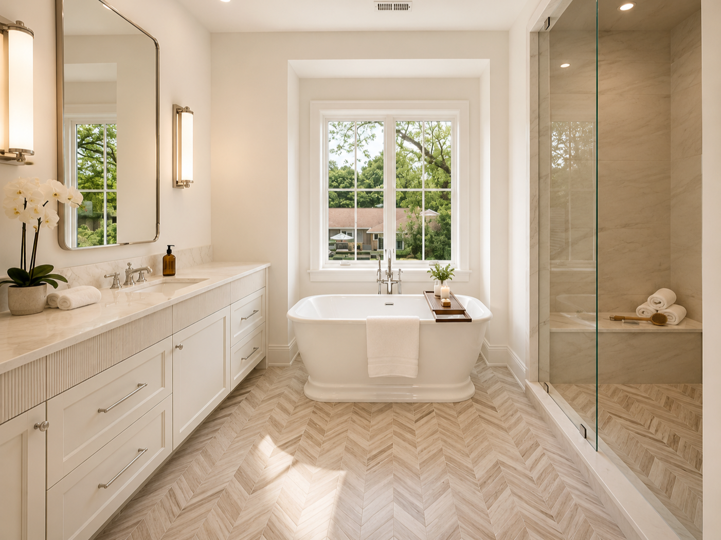 Bright bathroom with a large window overlooking trees, a white bathtub with a towel, a vanity with a mirror, candles, and towels, and a glass-enclosed shower with rolled towels and a brush.