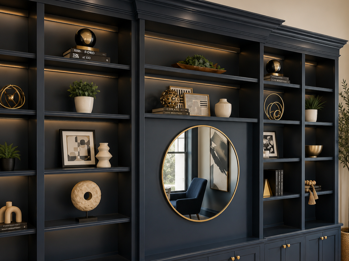 A dark blue built-in bookshelf with decorative items, books, and artwork, featuring a round mirror in the center reflecting a window and a chair.