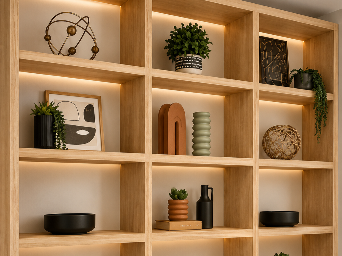 Decorative wooden shelf with plants, sculptures, and books illuminated by soft lighting.