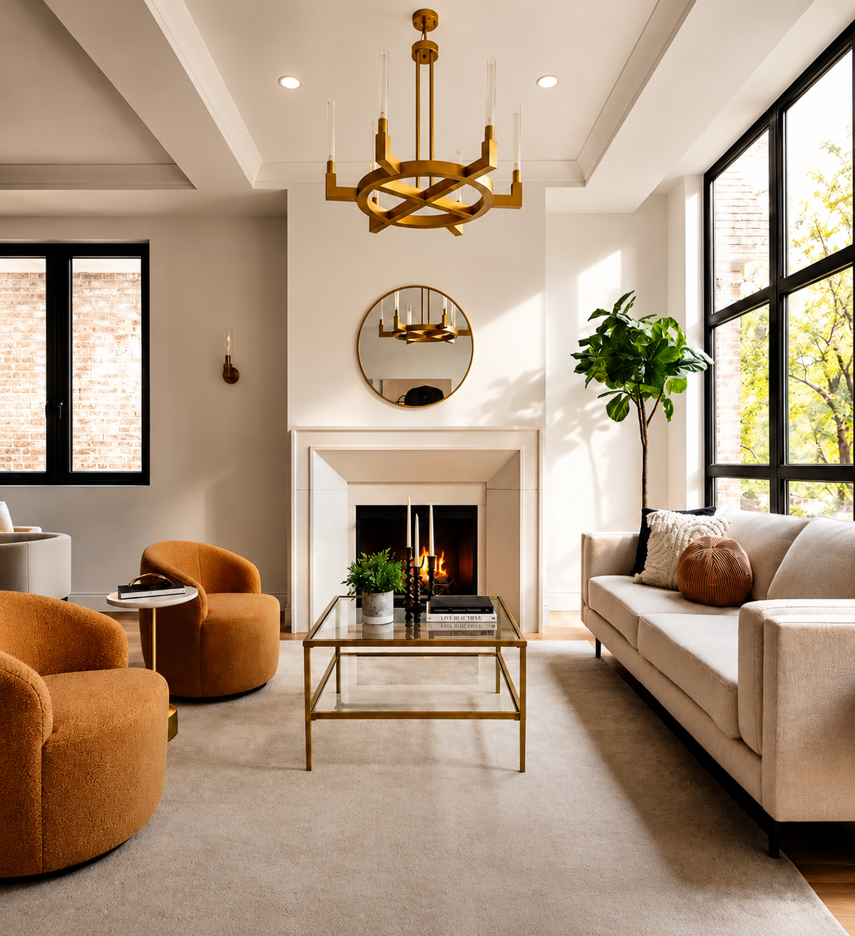 Bright living room with large windows, a white sofa with pillows, two orange armchairs, a glass coffee table with books, a fireplace, a plant, a round mirror, a gold chandelier, and mid-century modern decor.